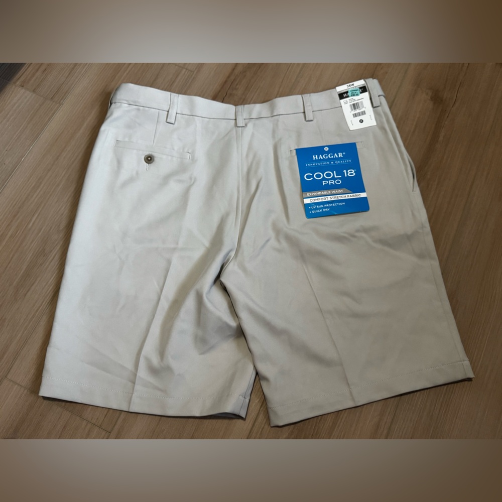 NWT Haggar Cool 18 Pro Flat Front Shorts Men’s 38 Khaki Stretch - Picture 6 of 6